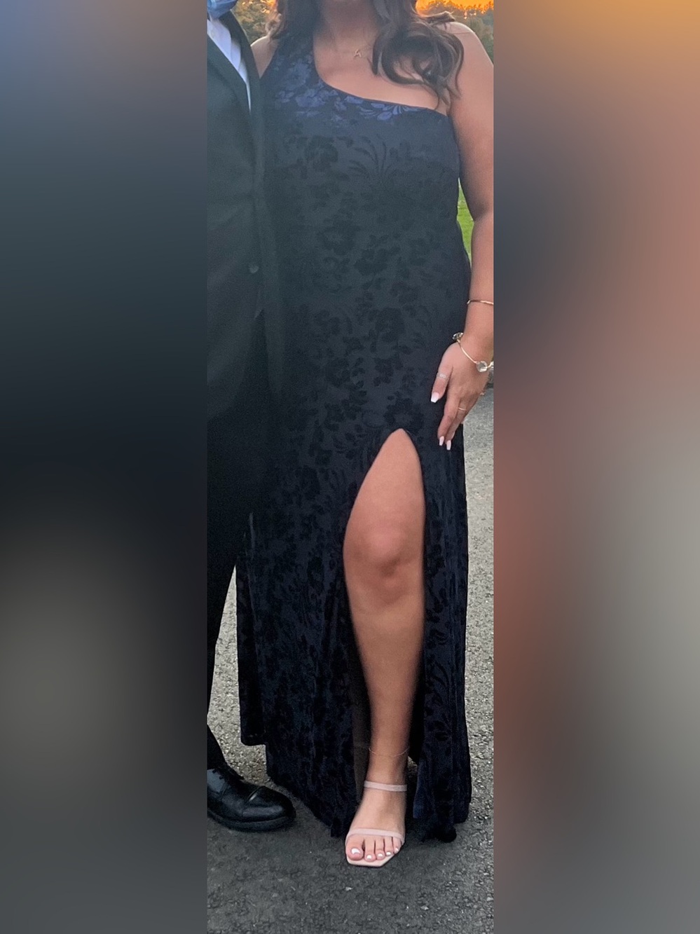 Lulu’s Navy Blue Velvet Floral One Shoulder floor length Dress